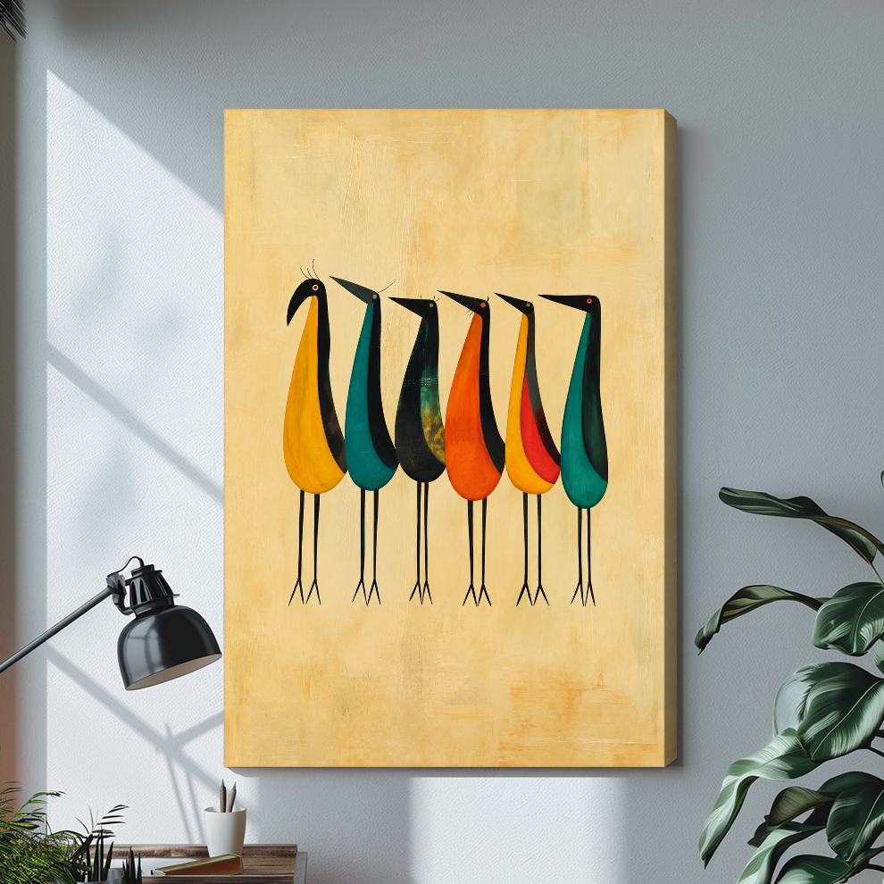 Stretched six colorful tall birds canvas with a shaded wrapped edge in the selected room setting.