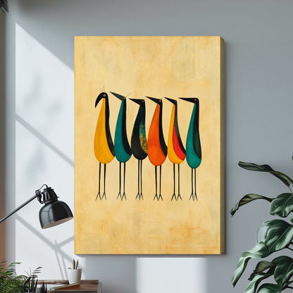 Stretched six colorful tall birds canvas with a shaded wrapped edge in the selected room setting.