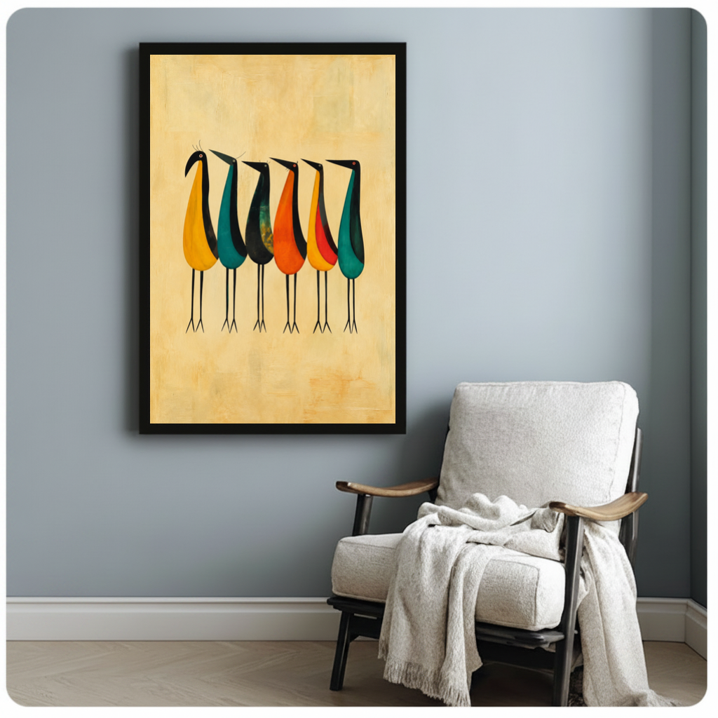 Framed six colorful tall birds canvas beside a pale reading chair on a blue gray wall.