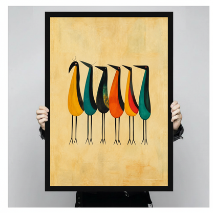 Framed six colorful tall birds canvas held by a person against a light neutral background.