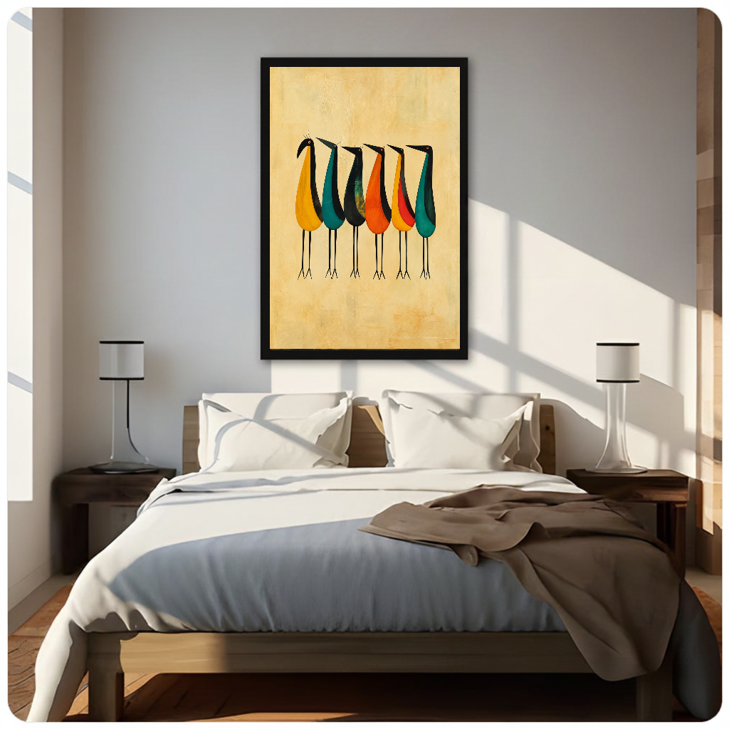 Framed six colorful tall birds canvas above a neutral bed beside soft bedroom lighting and lamps.