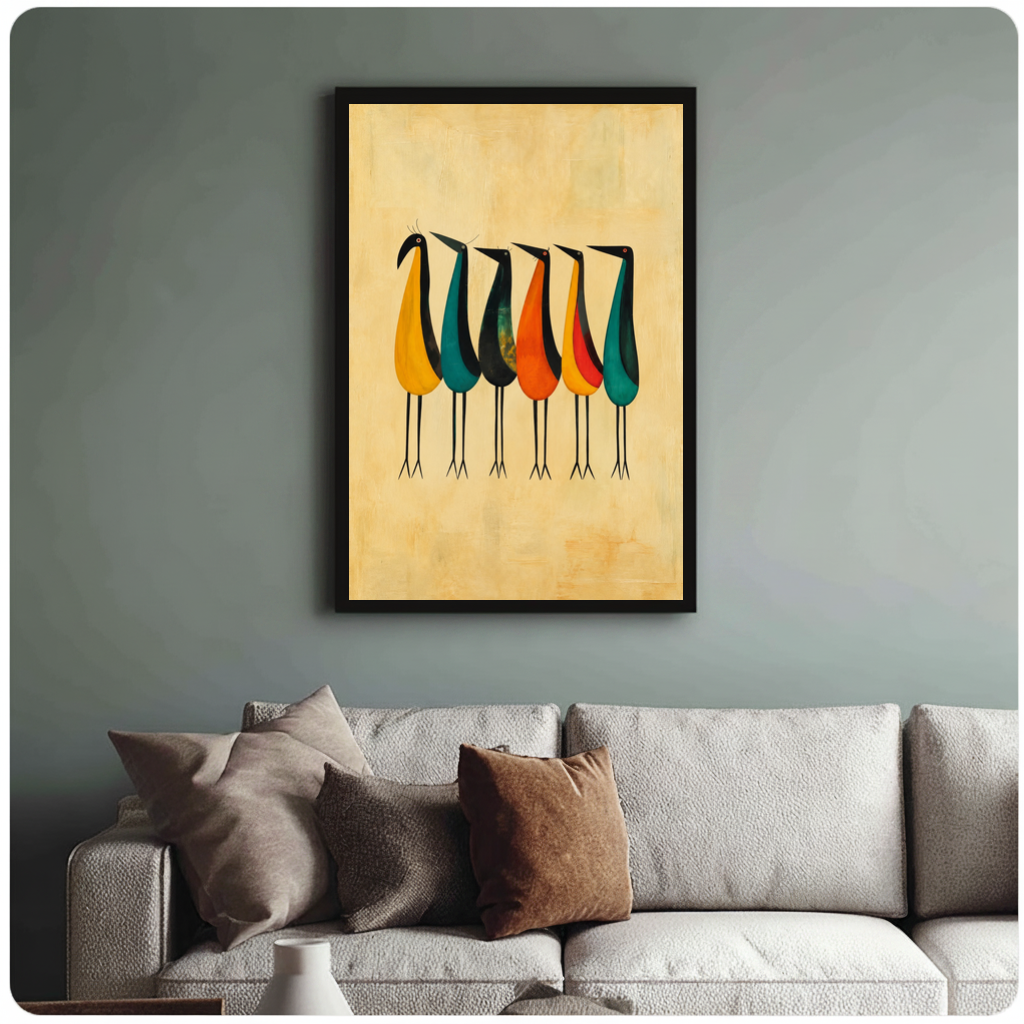 Framed six colorful tall birds canvas above a neutral sofa with cushions against a muted wall.