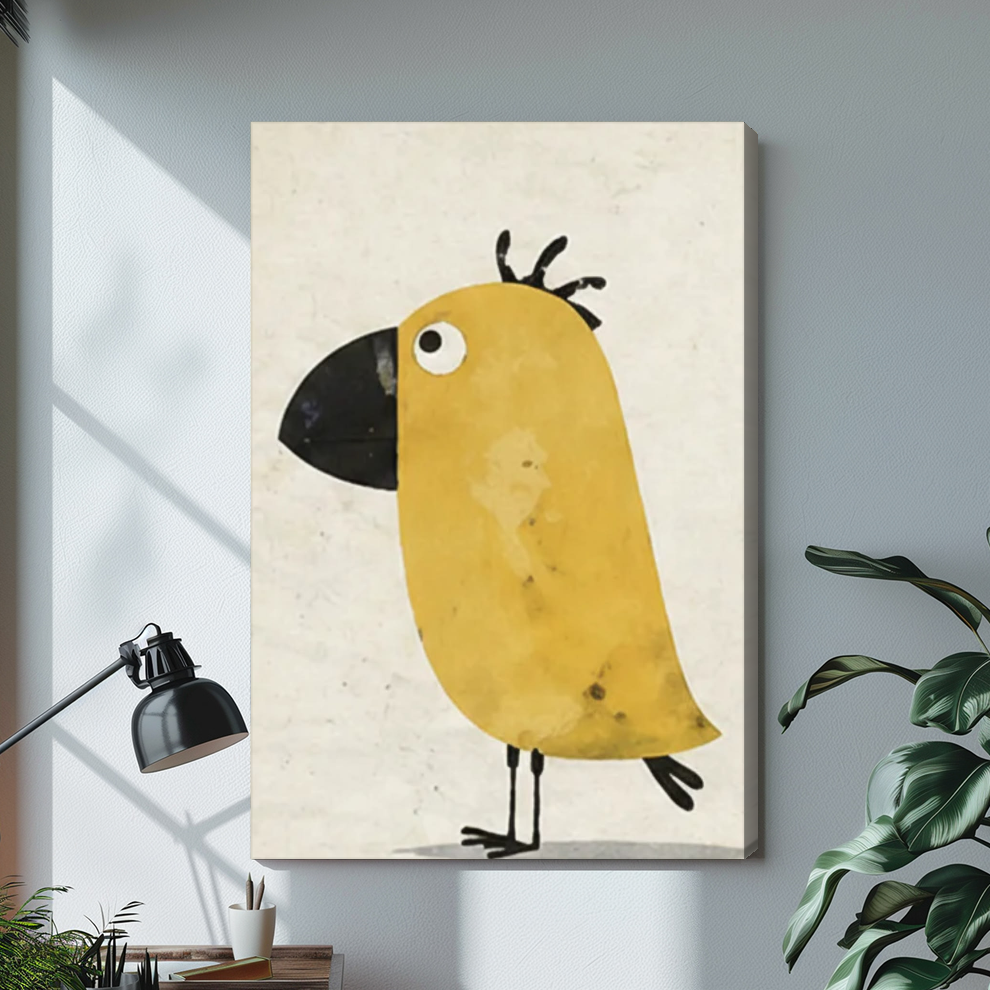 Stretched funny yellow bird canvas with a shaded wrapped edge in the selected room setting.
