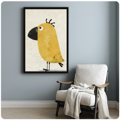 Framed funny yellow bird canvas beside a pale reading chair on a blue gray wall.