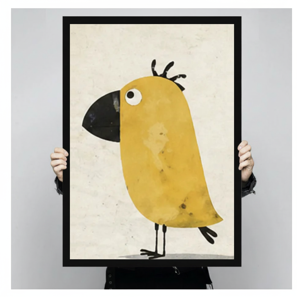 Framed funny yellow bird canvas held by a person against a light neutral background.