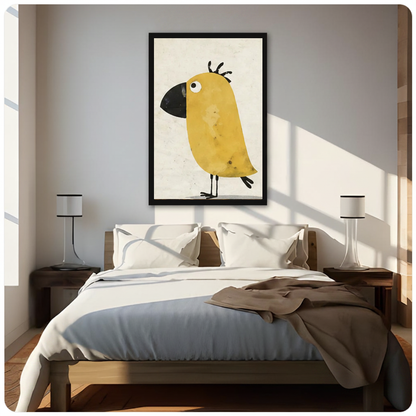 Framed funny yellow bird canvas above a neutral bed beside soft bedroom lighting and lamps.