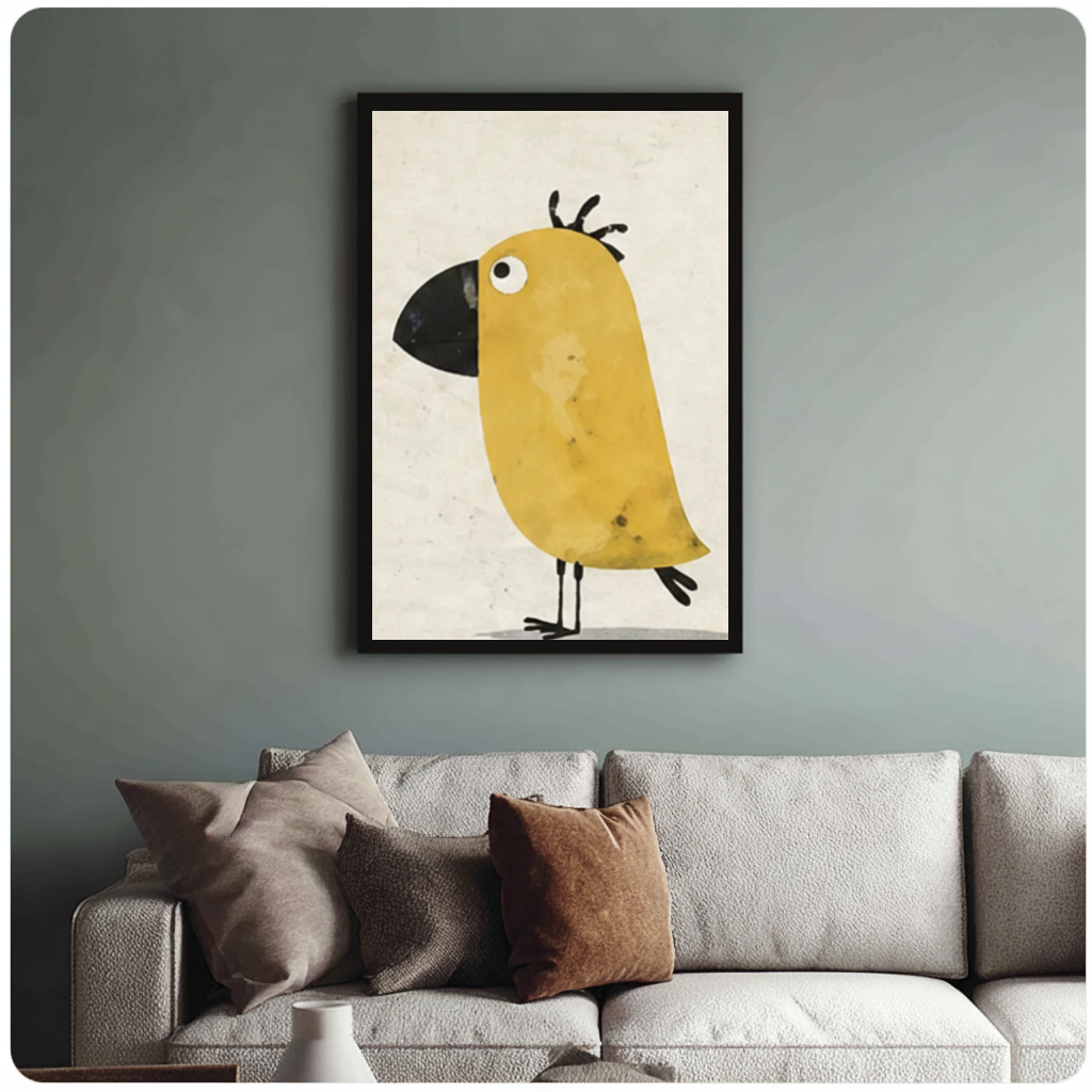 Framed funny yellow bird canvas above a neutral sofa with cushions against a muted wall.