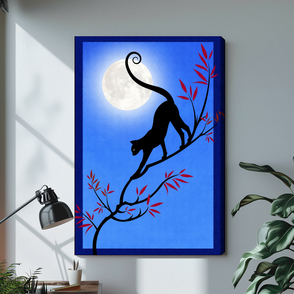 Stretched moonlit branch black cat canvas with a shaded wrapped edge in the selected room setting.