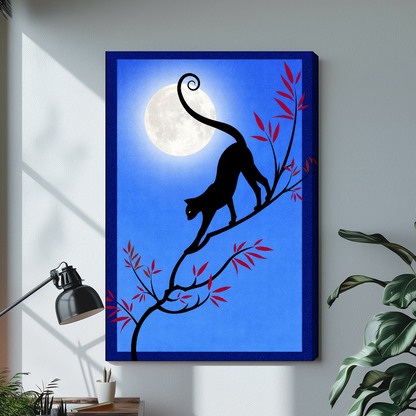 Stretched moonlit branch black cat canvas with a shaded wrapped edge in the selected room setting.