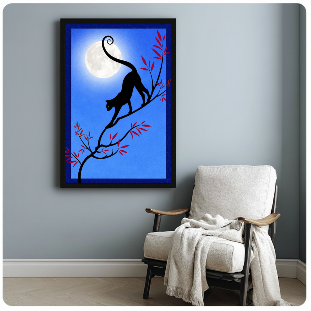 Framed moonlit branch black cat canvas beside a pale reading chair on a blue gray wall.
