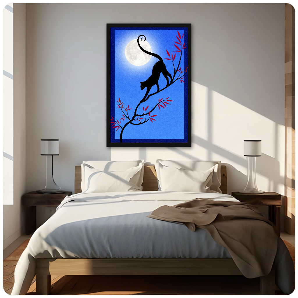 Framed moonlit branch black cat canvas above a neutral bed beside soft bedroom lighting and lamps.