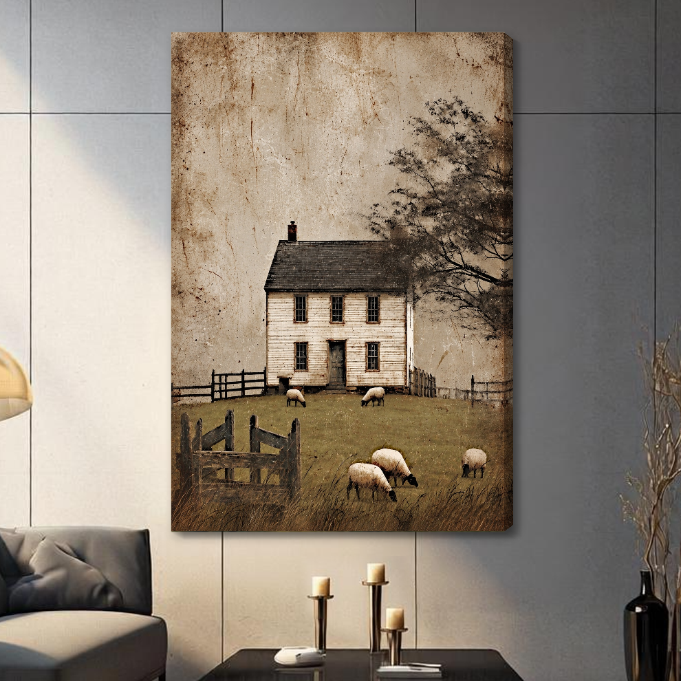 Stretched old farmhouse grazing sheep canvas with a shaded wrapped edge in the selected room setting.