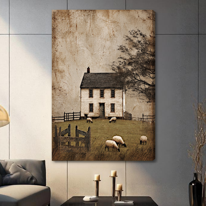 Stretched old farmhouse grazing sheep canvas with a shaded wrapped edge in the selected room setting.