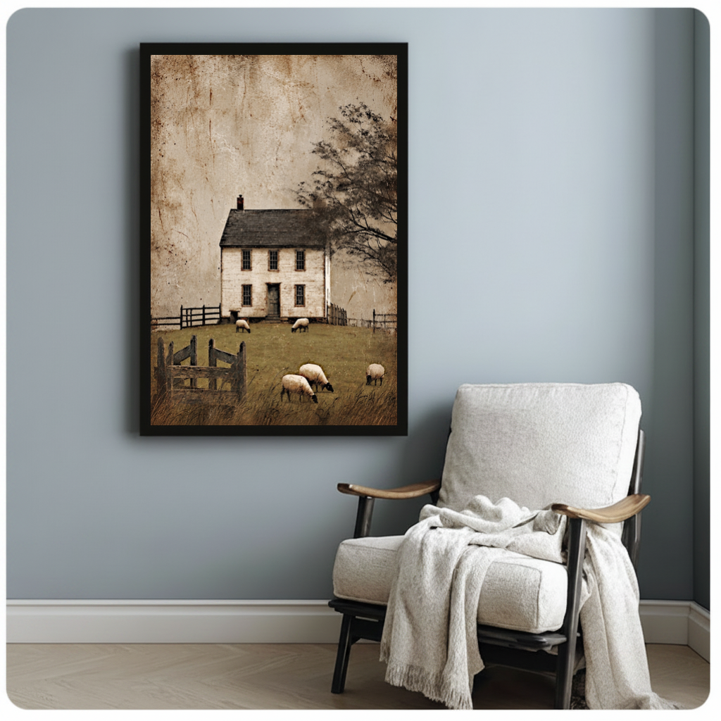 Framed old farmhouse grazing sheep canvas beside a pale reading chair on a blue gray wall.