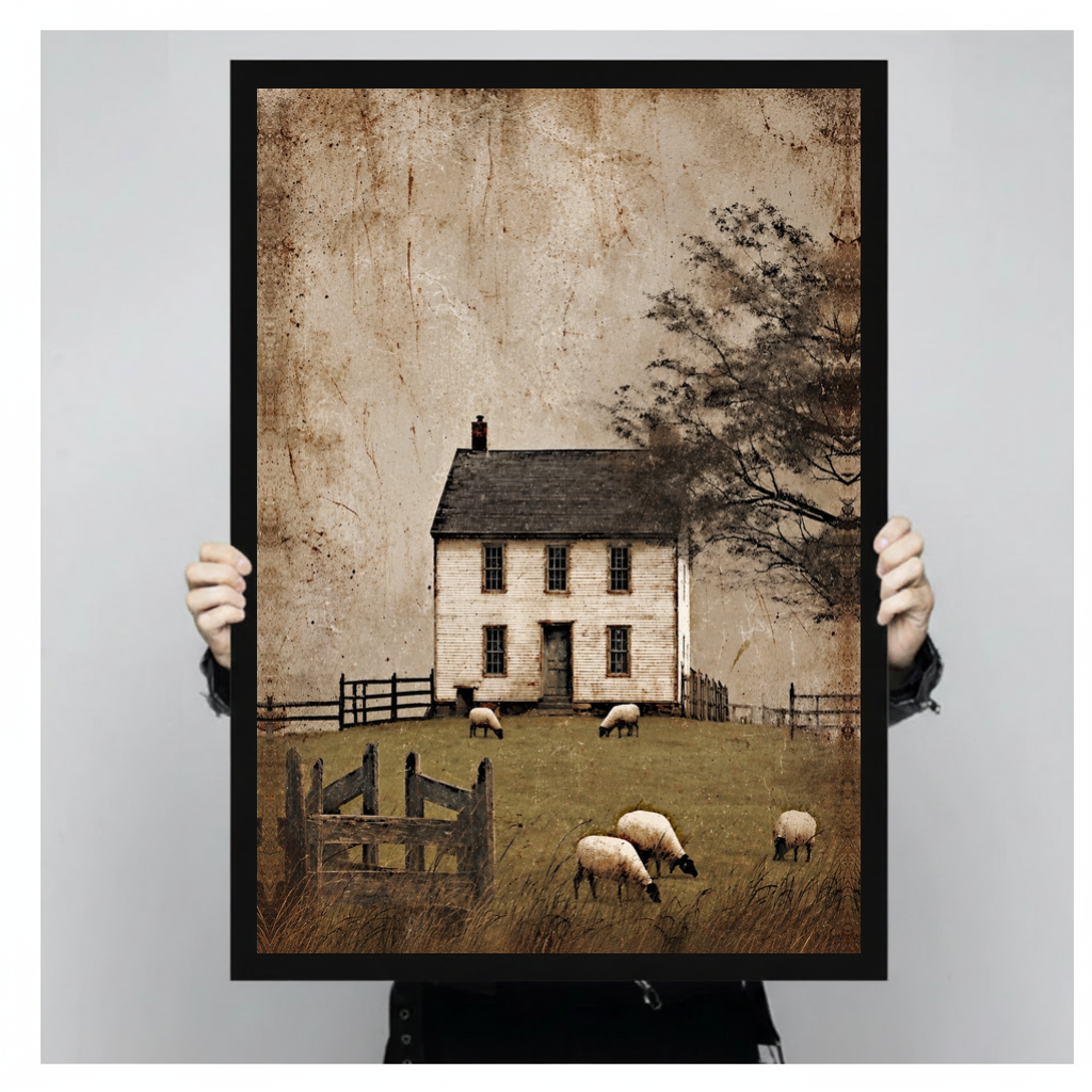 Framed old farmhouse grazing sheep canvas held by a person against a light neutral background.