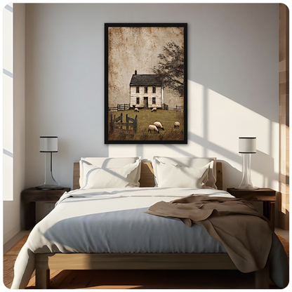 Framed old farmhouse grazing sheep canvas above a neutral bed beside soft bedroom lighting and lamps.