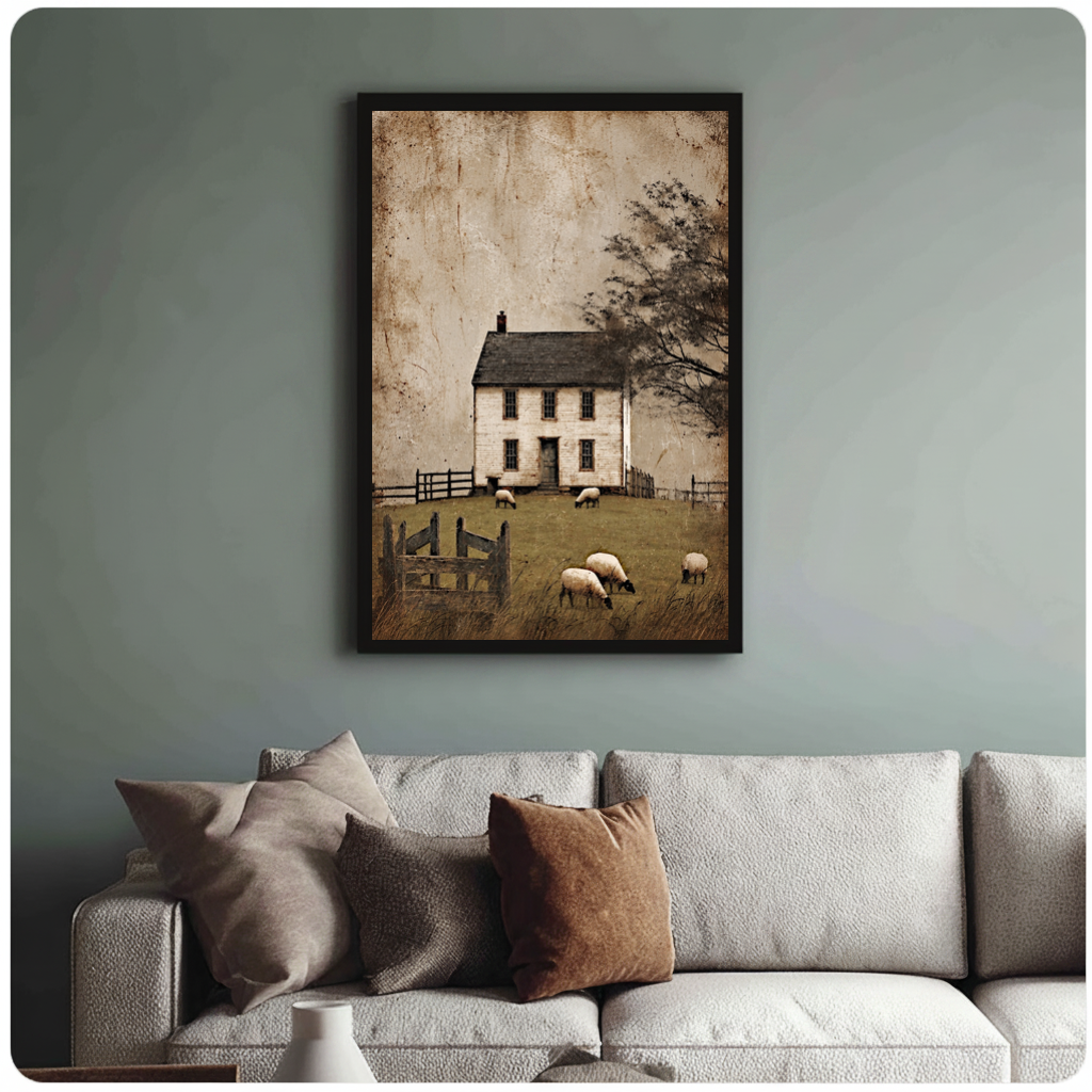 Framed old farmhouse grazing sheep canvas above a neutral sofa with cushions against a muted wall.