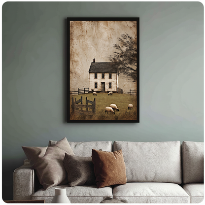 Framed old farmhouse grazing sheep canvas above a neutral sofa with cushions against a muted wall.