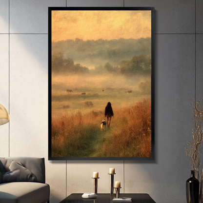 Black framed girl and meadow dog canvas on a dark paneled wall beside warm candles.