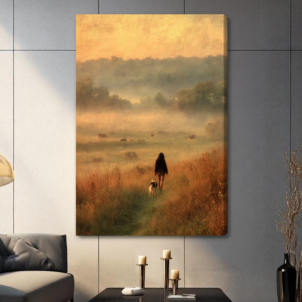 Stretched girl and meadow dog canvas with a shaded wrapped edge in the selected room setting.
