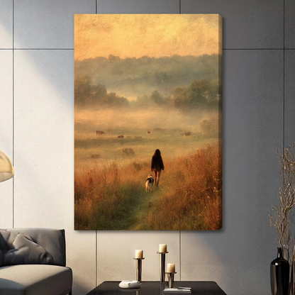 Stretched girl and meadow dog canvas with a shaded wrapped edge in the selected room setting.