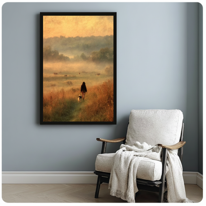 Framed girl and meadow dog canvas beside a pale reading chair on a blue gray wall.