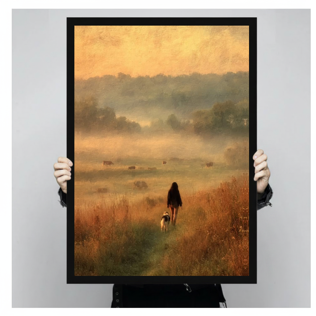 Framed girl and meadow dog canvas held by a person against a light neutral background.