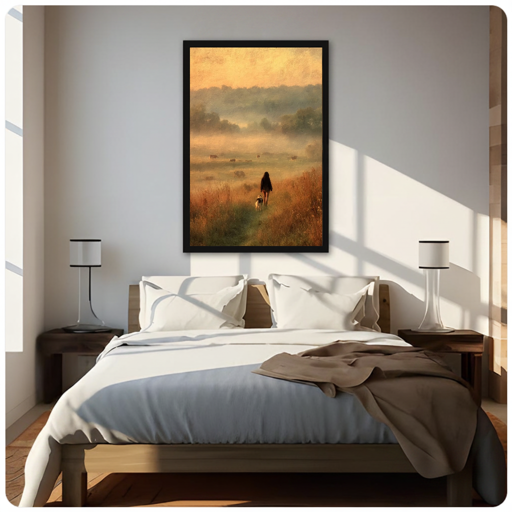 Framed girl and meadow dog canvas above a neutral bed beside soft bedroom lighting and lamps.