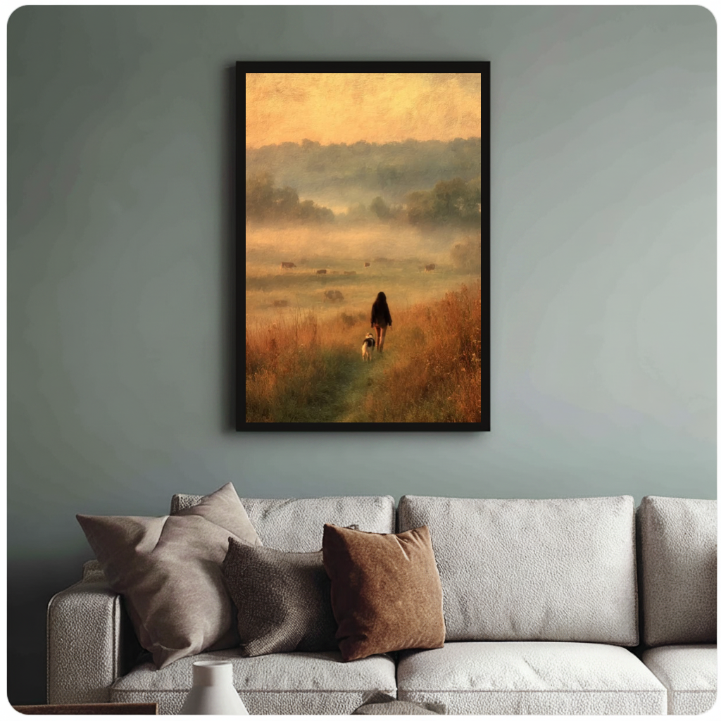 Framed girl and meadow dog canvas above a neutral sofa with cushions against a muted wall.