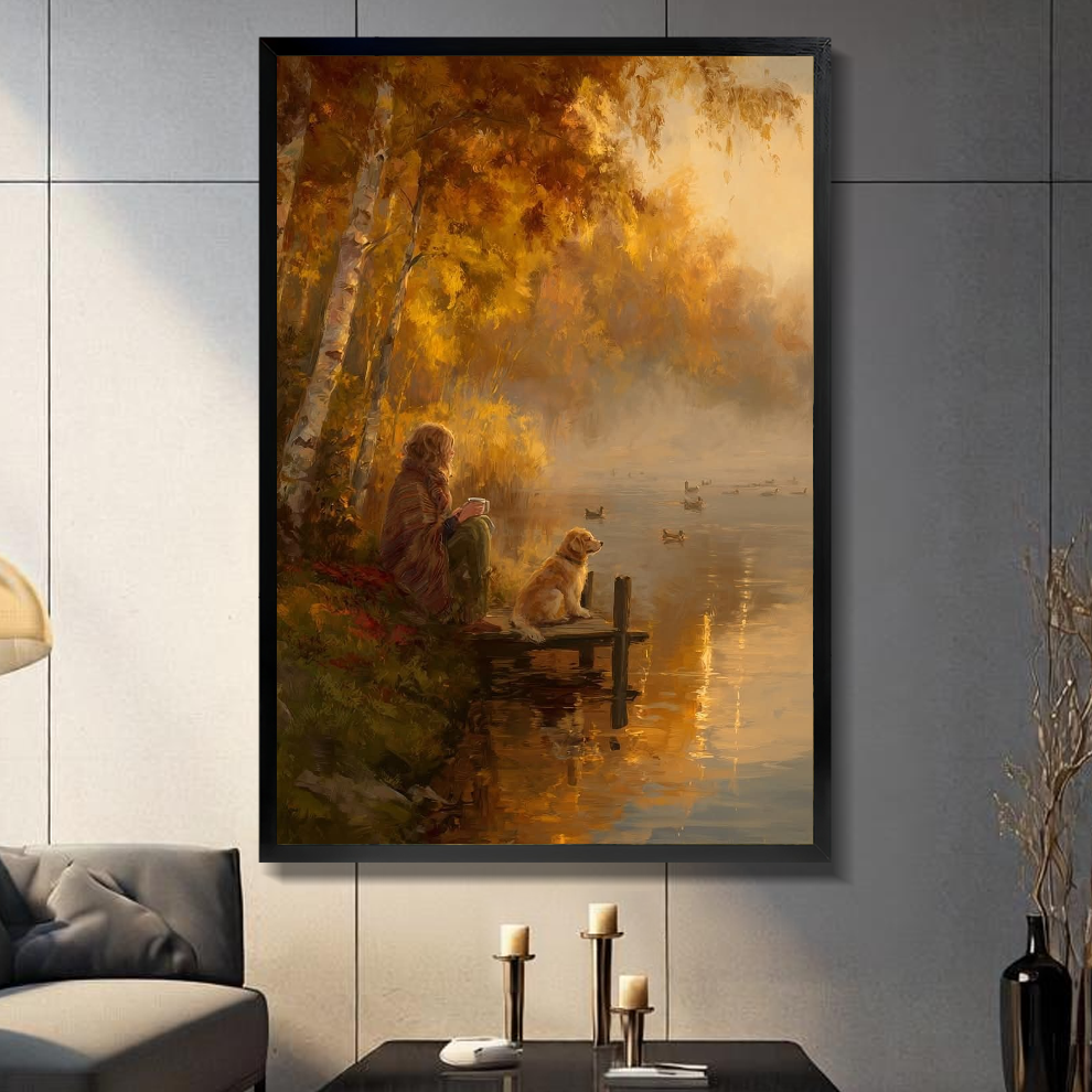 Black framed autumn lakeside companions canvas on a dark paneled wall beside warm candles.
