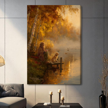 Stretched autumn lakeside companions canvas with a shaded wrapped edge in the selected room setting.