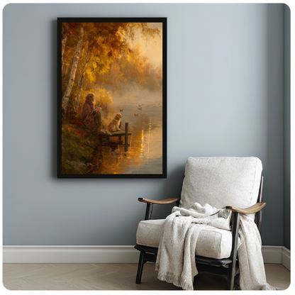 Framed autumn lakeside companions canvas beside a pale reading chair on a blue gray wall.
