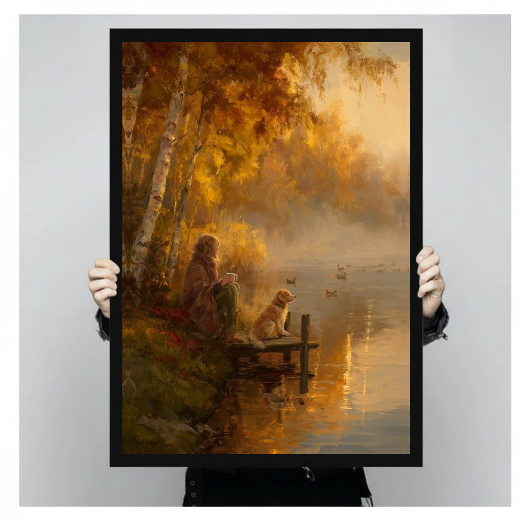 Framed autumn lakeside companions canvas held by a person against a light neutral background.