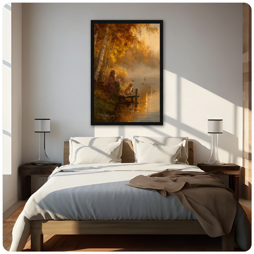 Framed autumn lakeside companions canvas above a neutral bed beside soft bedroom lighting and lamps.