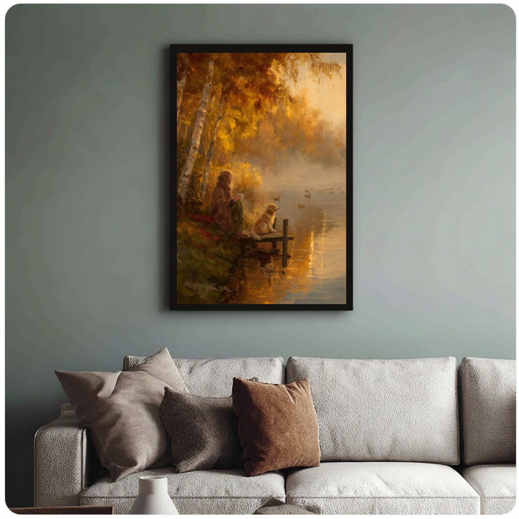 Framed autumn lakeside companions canvas above a neutral sofa with cushions against a muted wall.