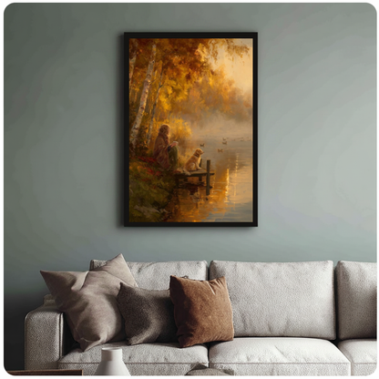 Framed autumn lakeside companions canvas above a neutral sofa with cushions against a muted wall.