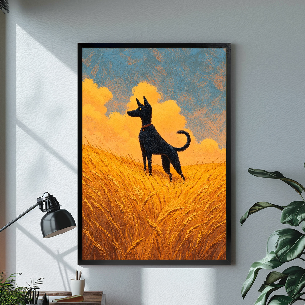 Black framed wheat field black dog canvas on a pale wall above a desk and plant.