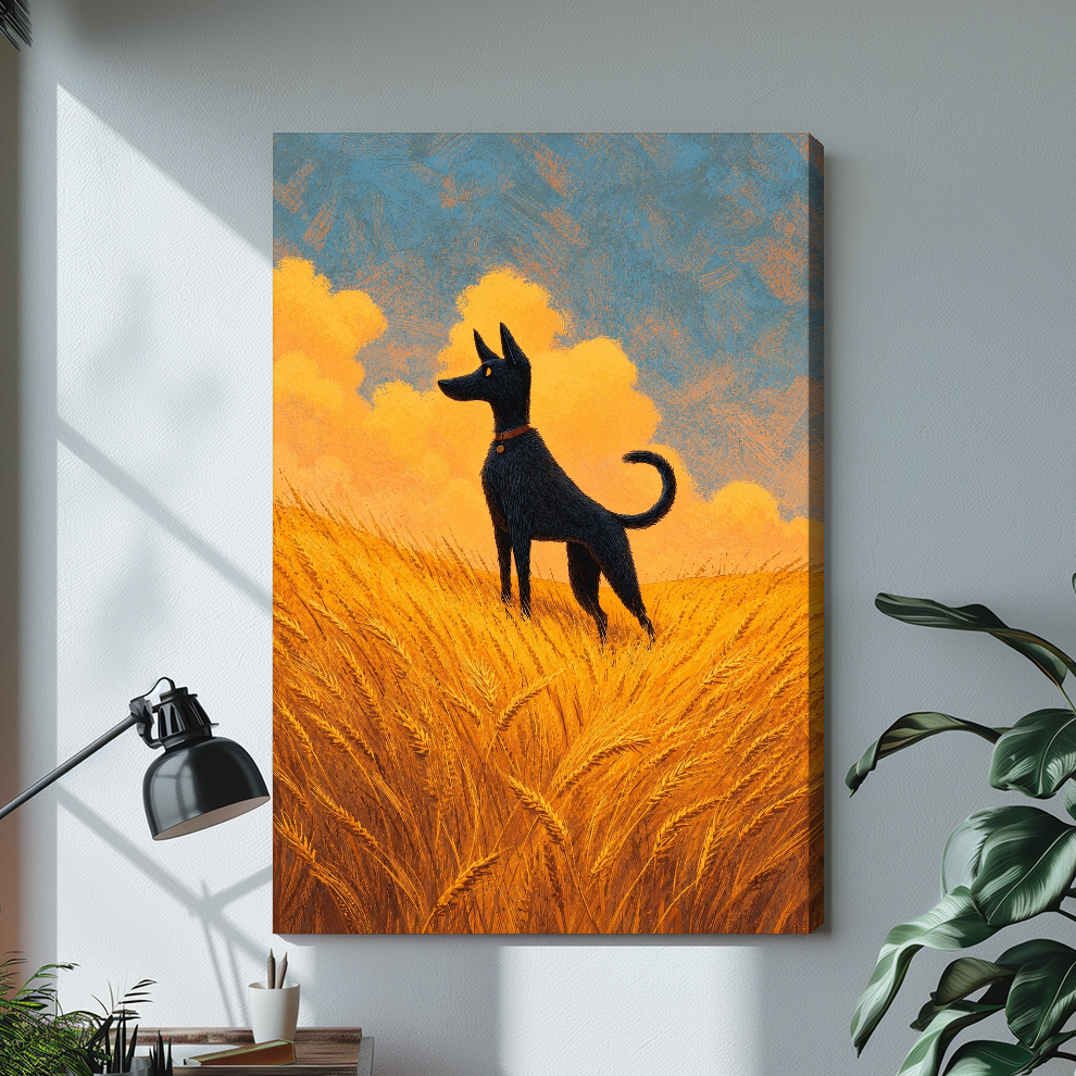 Stretched wheat field black dog canvas with a shaded wrapped edge in the selected room setting.