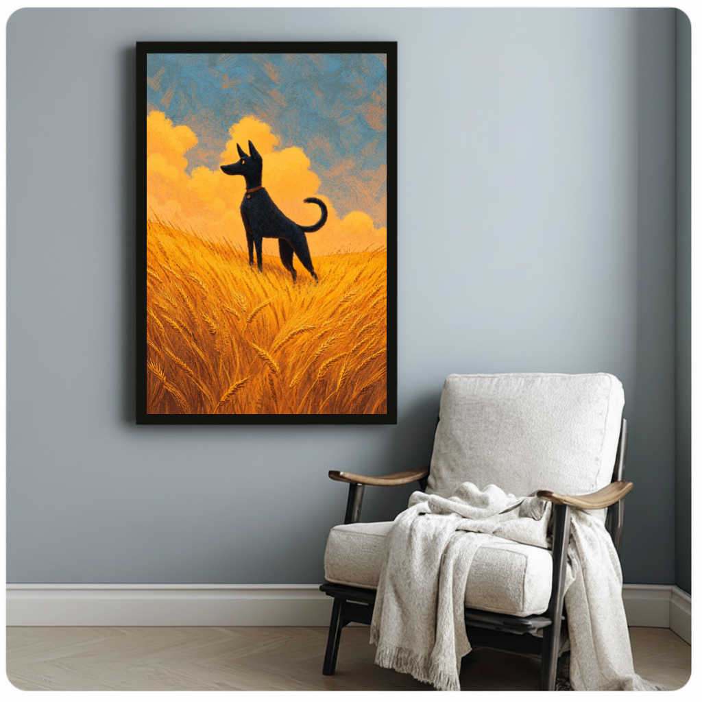 Framed wheat field black dog canvas beside a pale reading chair on a blue gray wall.