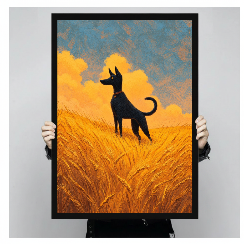 Framed wheat field black dog canvas held by a person against a light neutral background.
