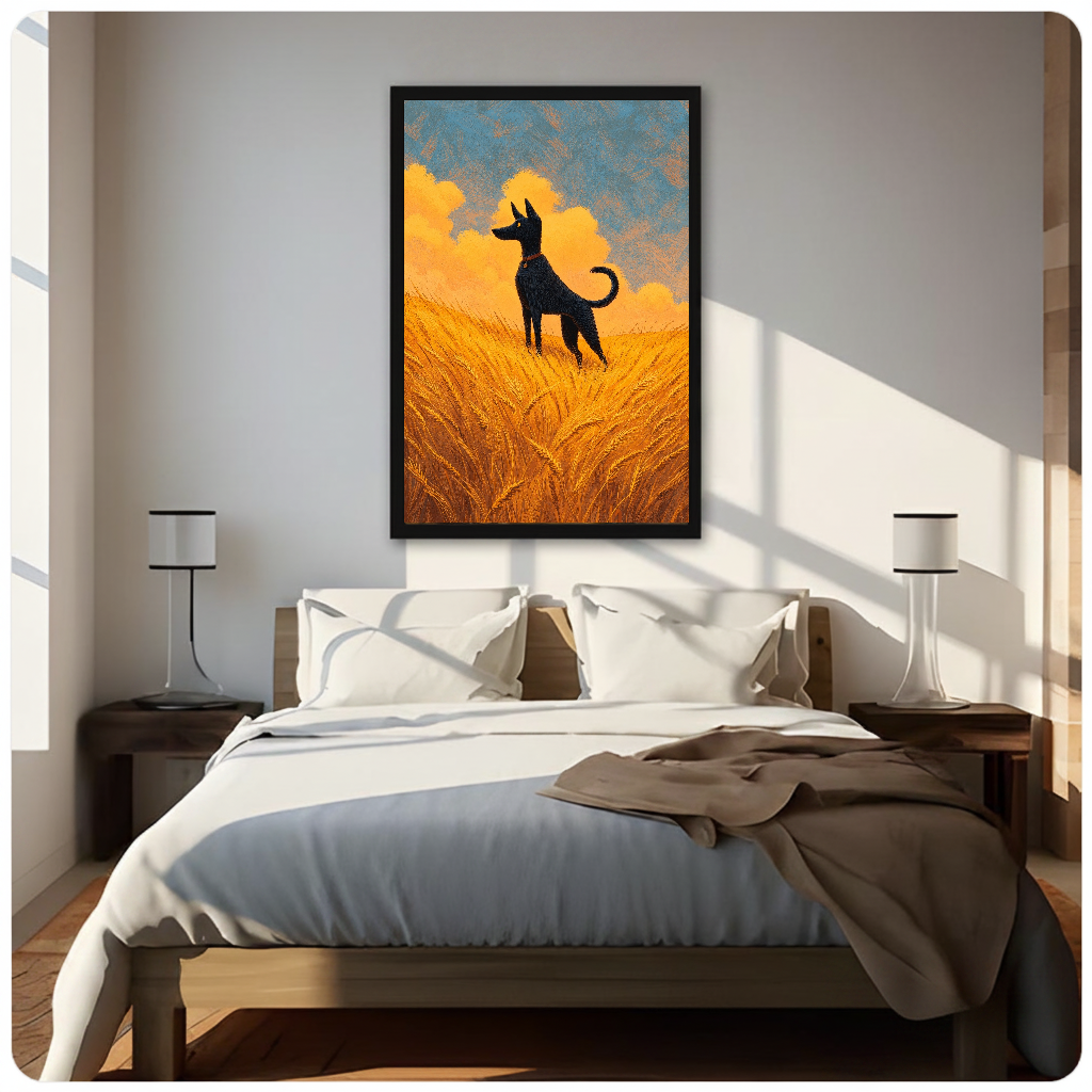 Framed wheat field black dog canvas above a neutral bed beside soft bedroom lighting and lamps.