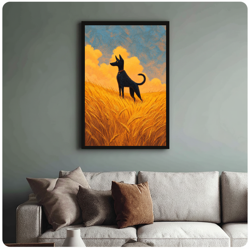 Framed wheat field black dog canvas above a neutral sofa with cushions against a muted wall.