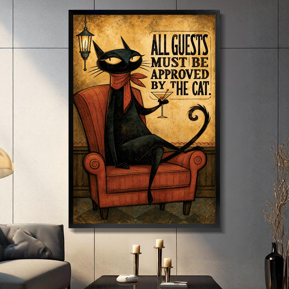 Black framed cat approves all guests canvas on a dark paneled wall beside warm candles.
