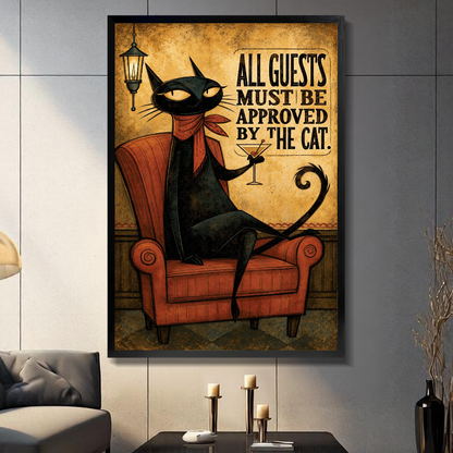 Black framed cat approves all guests canvas on a dark paneled wall beside warm candles.
