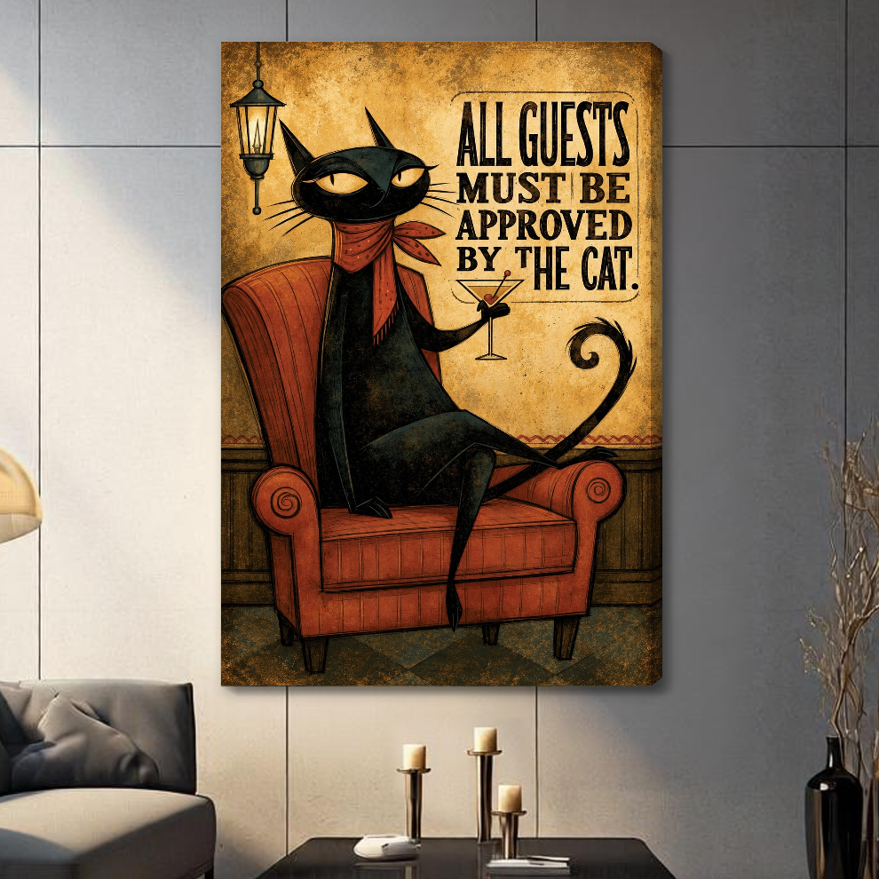 Stretched cat approves all guests canvas with a shaded wrapped edge in the selected room setting.