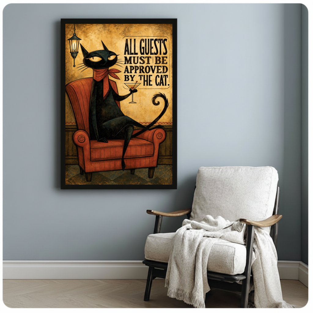 Framed cat approves all guests canvas beside a pale reading chair on a blue gray wall.
