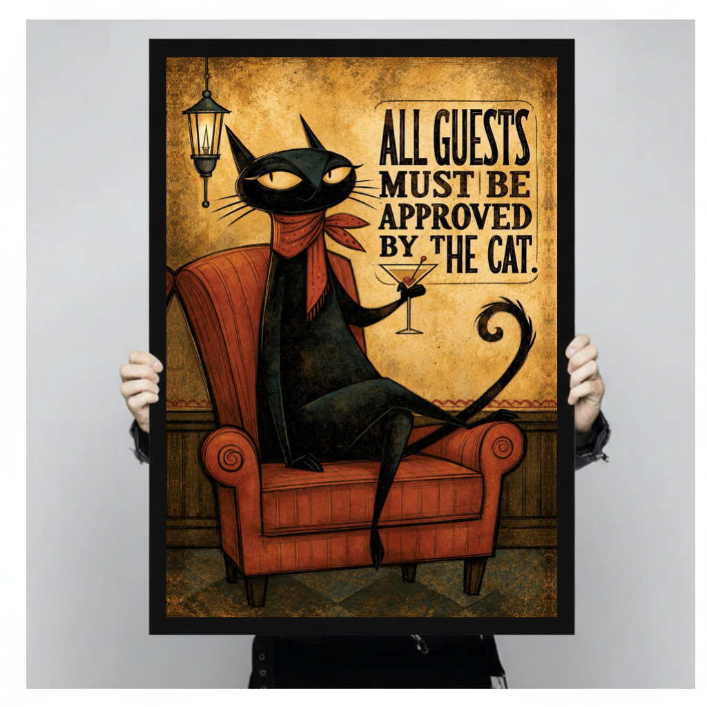 Framed cat approves all guests canvas held by a person against a light neutral background.