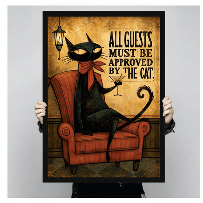 Framed cat approves all guests canvas held by a person against a light neutral background.
