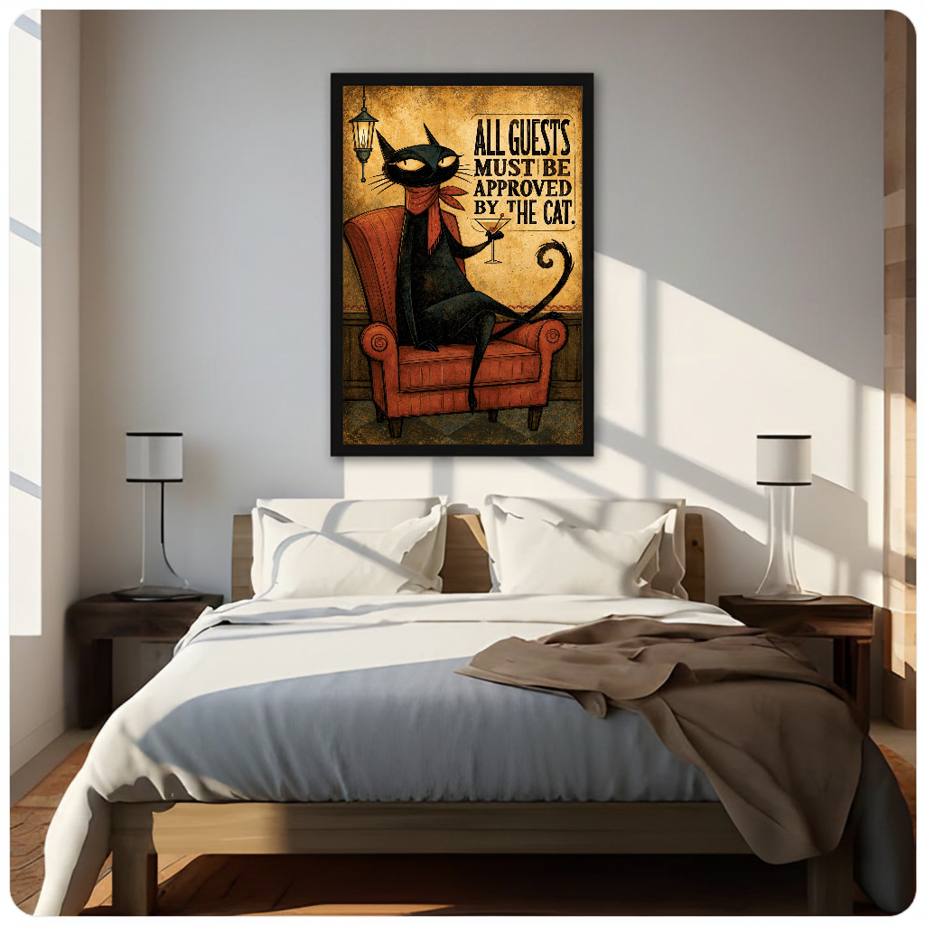 Framed cat approves all guests canvas above a neutral bed beside soft bedroom lighting and lamps.
