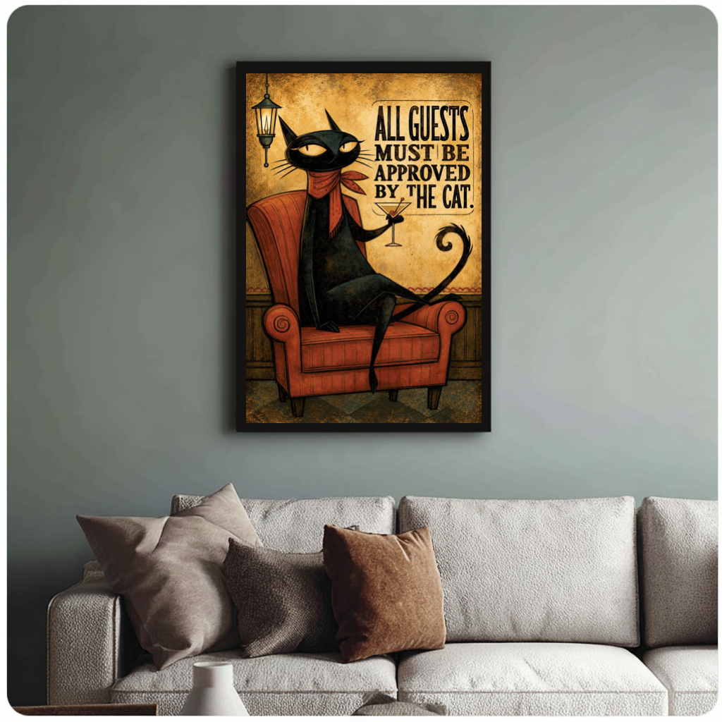 Framed cat approves all guests canvas above a neutral sofa with cushions against a muted wall.